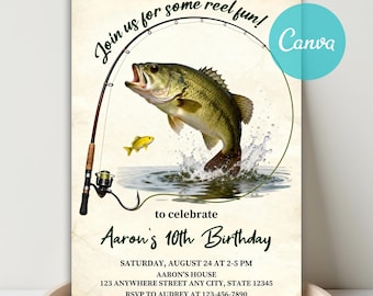 May include: Invitation with a fishing theme. A largemouth bass leaps from the water near a fishing rod. Text reads "Join us for some reel fun!" and "Aaron's 10th Birthday". Includes event details: date, time, location, and RSVP information.