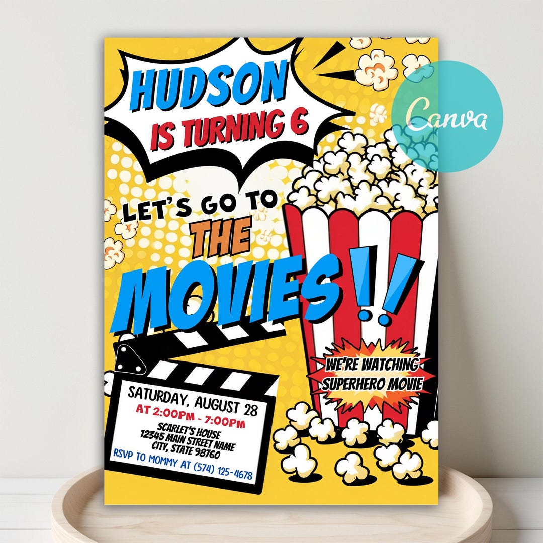 Pop Art Movie Night Birthday Invitation, Popcorn Movie Invitation ...