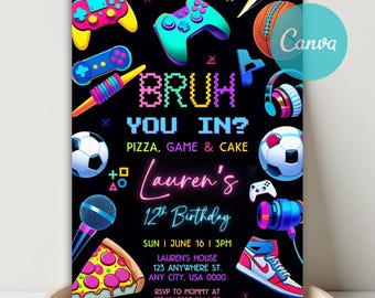 Verjaardagsuitnodiging gamer, videogameparty, canvassjabloon (digitale uitnodiging)