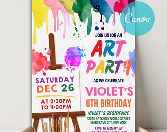 Bewerkbare kunstverjaardagsuitnodiging, schilderijfeest (digitale download)
