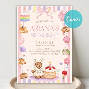 May include: A birthday invitation card featuring a pastel striped border with illustrations of a rainbow cake, a bunny, donuts, and a teddy bear in a robe. The text reads: YOU'RE INVITED TO ARIANA'S 8th Birthday! 09.10.24, 3 o'clock, ARIANA'S HOUSE, 12345 Main Street.