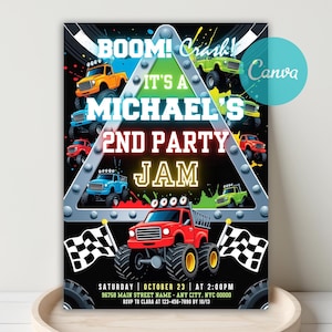 Neon Monster Truck Birthday Invitation, Monster Truck Invitation, Monster Truck Theme Party Invite, Trucks Birthday Invite, Canva Template