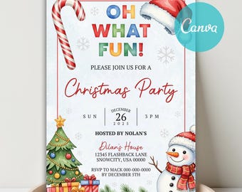 May include: Christmas party invitation with a candy cane, Santa hat, and snowman illustrations. The invitation includes the text "OH WHAT FUN!" and details for a party on December 26, 2025, hosted at Dilan's House.