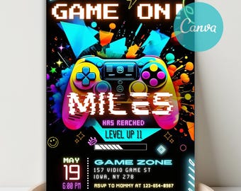 Neon Glow Video Game Birthday Invitation, Level Up Party (Digital Download)