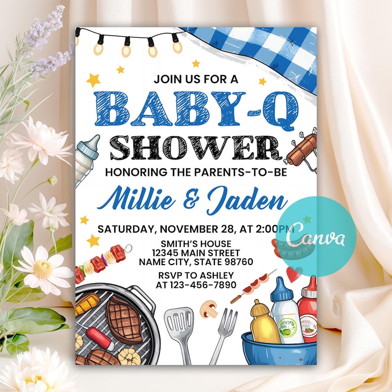 Baby-Q Baby Shower Invitation, Unisex Backyard Couples Baby Sprinkle, Coed BBQ Baby Shower Invite, BBQ Baby Shower Party Invite, Editable Canva Template, invitation template,
outdoor baby brunch,
baby shower,
unisex baby-q invite,
girl baby shower,
barbeque baby shower,
Baby Shower Theme,
Bbq baby shower,
baby shower invite,
ranch baby shower,
Instant Download,
backyard baby shower,
Couples Shower,
BBQ Shower,
bbq party invite,
Baby Q,
printable bbq invite,
bbq baby sprinkle