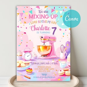 Invitación editable para fiesta de cumpleaños de repostería, invitación para fiesta de cumpleaños de una cocinera, plantilla imprimible de Canva con temática de repostería.