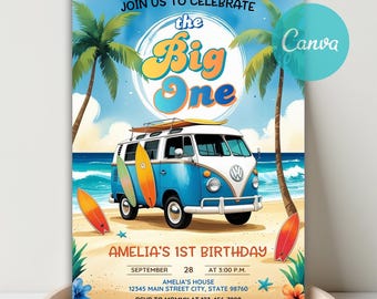 May include: A colorful birthday invitation featuring a blue and white vintage van with surfboards on a sandy beach. The text "Join us to celebrate the Big One" is displayed above, with details for Amelia's 1st birthday below.