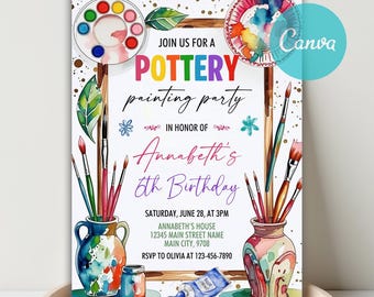 Pottery Painting Birthday Invitation, Art Party Canva Template (Digital)