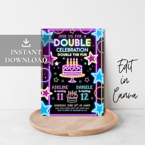 Faire-part d'anniversaire commun néon, faire-part d'anniversaire double, faire-part d'anniversaire de frère et sœur, faire-part de fête commune, modèle de toile modifiable