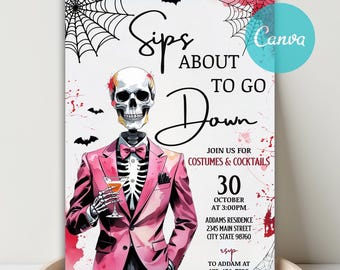 Skeleton Halloween Party Invitation, Cocktails and Costumes, Canva Template (Digital Invitation)