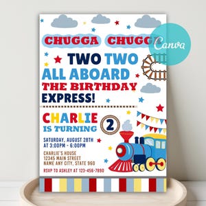 Editable Chugga Chugga Two Two Train Birthday Invitation, Train Invitation, Train Party Invite, Train Theme Birthday Invite, Canva Template