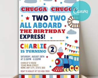 Faire-part d'anniversaire modifiable Chugga Chugga deux deux trains, invitation train, invitation fête train, invitation anniversaire train thème, modèle de toile