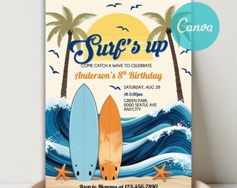 Surf's Up Birthday Invitation, Retro Beach Wave (Digital Invitation)