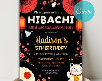 Invitación de cumpleaños de Hibachi, temática japonesa, plantilla imprimible de Canva (digital)