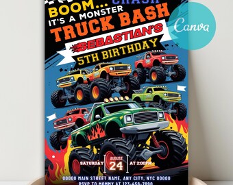 Boom Crash It's A Monster Truck Bash! Monster Truck Birthday Invitation, Monster Truck Invitation, Monster Truck Invite Truck Birthday Party