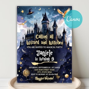 Puede incluir: Invitación de temática fantástica con fondo azul oscuro, ilustración de castillo y texto "Calling all Wizard and Witches". La invitación incluye detalles para una fiesta, con el nombre "Daniele" y la edad "9".