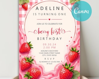 Berry First Birthday Invitation Photo, Berry Sweet Pink Gingham 1st ...