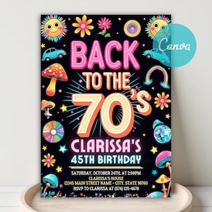 70s Birthday Invitation, Back to the 70s Invitation, Boho Hippie Neon Glow Dance Party Invite, Retro 70s Theme Birthday, Canva Template, DIY