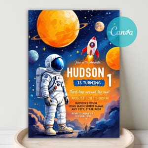 May include: A vibrant space-themed birthday invitation featuring an astronaut, planets, and a rocket against a starry sky. The invitation reads "HUDSON IS TURNING 1" with event details. The design is colorful and whimsical, perfect for a child's birthday.