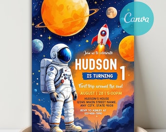 May include: A vibrant space-themed birthday invitation featuring an astronaut, planets, and a rocket against a starry sky. The invitation reads "HUDSON IS TURNING 1" with event details. The design is colorful and whimsical, perfect for a child's birthday.