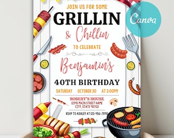BBQ Grill Party Invitation, Backyard BBQ Invitation, Barbecue Grill Invite, Backyard Barbecue Invitation, BBQ Birthday Invite Canva Template