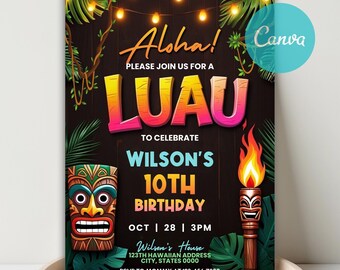 Pode incluir: Um convite colorido para uma festa luau, com o texto "Aloha!" e "Luau" em cores vibrantes. O design inclui uma máscara tiki, uma tocha e folhagem tropical, com os detalhes do 10º aniversário de Wilson.