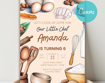 May include: A light beige invitation card with watercolor illustrations of baking ingredients and tools. The text reads "Our Little Chef Amanda is turning 6" with event details. Includes a chef's hat, eggs, almonds, and a whisk.