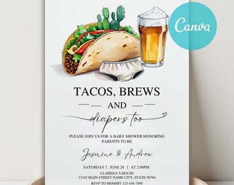 May include: Baby shower invitation with watercolor illustrations of a taco, beer, and baby diaper. The text reads "TACOS, BREWS AND diapers too". Includes event details for Jasmine & Andrew.