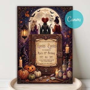 Könnte beinhalten: Eine rechteckige Geburtstagseinladung mit drei Figuren vor einem Vollmond, einem großen Zauberbuch mit dem Text JOIN US FOR A BUNCH OF HOCUS POCUS TO CELEBRATE Aria's 12th Birthday OCT 31 3PM 12345 MAIN STREET NAME CITY, STATE 98760 RSVP: 123-456-7890.