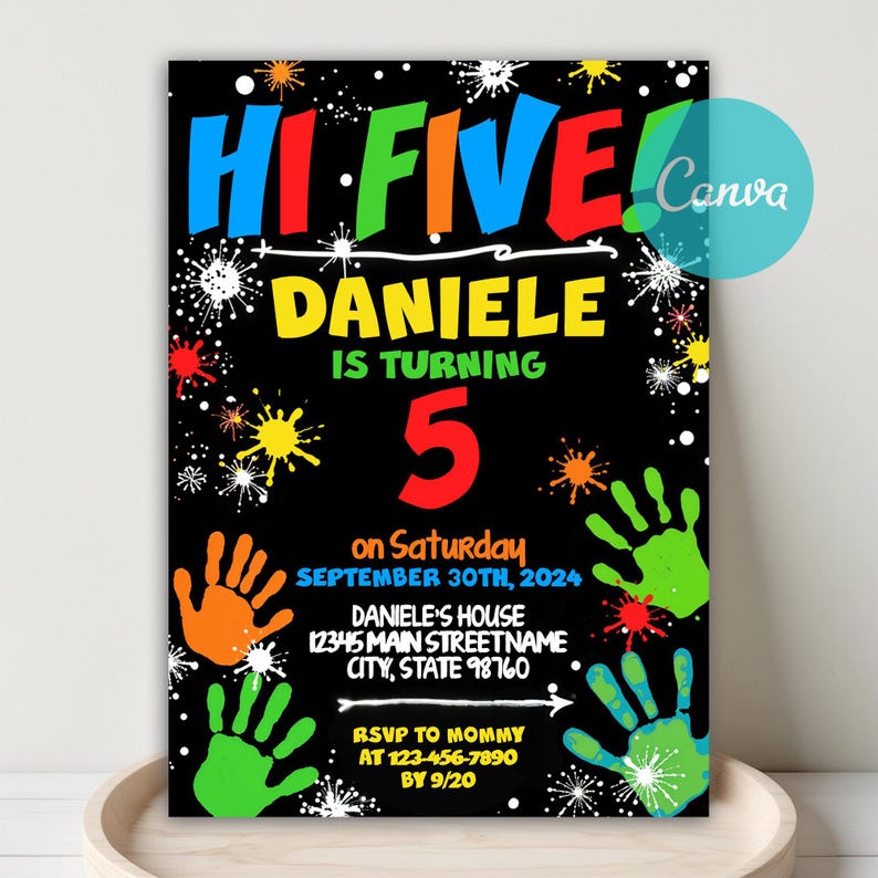 Editable Invite,
invitation template,
hi 5 party invite,
Birthday invitation,
5th birthday,
5th birthday invite,
hi five 5th birthday,
paint birthday,
hi five,
handprint,
rainbow,
high five invitation,
high five template,
five birthday,
high five birthday,
high five party,
high five invite,
high five bday,
paint splatter,
paint party,
high five,
paint invite,
colorful invite, Editable High Five Birthday Invitation, High Five Birthday Party Invitation Template, 5th Birthday, Canva Template, evite