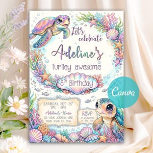 Sea Turtle Birthday Invitation, Pastel Turtle Invitation, Under the Sea Invite, Turtley Awesome Birthday Ocean Theme, Canva invitation, Sea Turtle Birthday,
invitation template,
sea party invite,
mermaid invitation,
Rainbow Sea Turtle,
sea animal birthday,
girls turtle party,
Ocean Party,
Under the sea invite,
Under The Sea Party,
onder the sea,
sea birthday party,
turtle invitation,
turtles invitation,
Ocean Turtle Party,
Mermaid theme party,
Mermaid tail invite,
sea editable invite, sea turtle