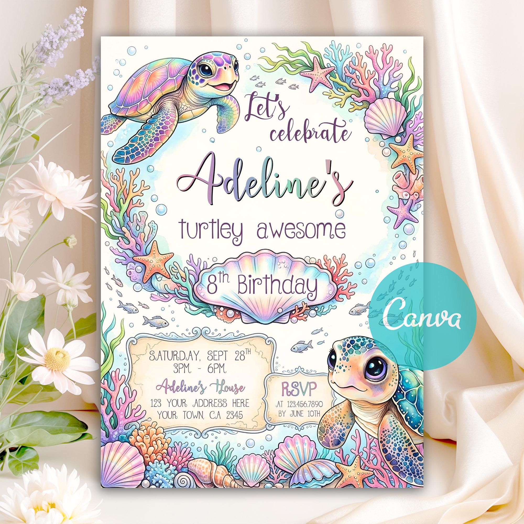 Sea Turtle Birthday Invitation, Pastel Turtle Invitation, Under the Sea ...