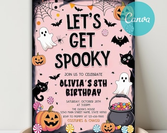 Pink Ghost Girl Halloween Birthday Invitation, Spooky Party (Canva Template)