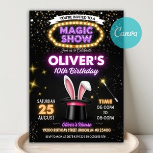 Magic Show Birthday Invitation, Magician Party Invite, Magic Show Invitation, Magic Birthday Invitation, Magician Invitation, Canva Template