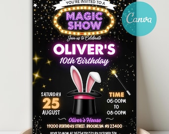 Magic Show Birthday Invitation, Magician Party (Canva Template)