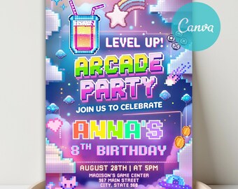 Pixelated Arcade Birthday Invitation, Neon Gaming Party (Digital Download)