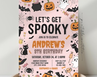 May include: A light pink Halloween birthday invitation card featuring black text that reads LET'S GET SPOOKY, ANDREW'S 8TH BIRTHDAY, and event details. The design includes illustrations of pumpkins, ghosts, black cats, bats, spiders, and candy.