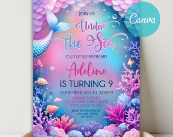 Editable Mermaid Tail Birthday Invitation, Under the Sea Birthday Party Invite, Mermaid Bash Girl Birthday Printable Invite Canva Template