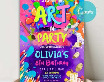 May include: Colorful birthday party invitation with the text "LET'S PUT THE ART IN PARTY" and "OLIVIA'S 8TH BIRTHDAY". The design features paint splatters, paint tubes, paintbrushes, and colored pencils. The invitation is on a purple background.
