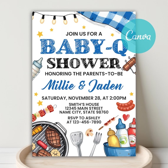 Baby-Q Baby Shower Invitation, Unisex Backyard Couples Baby Sprinkle, Coed BBQ Baby Shower Invite, BBQ Baby Shower Party Invite, Canva Evite