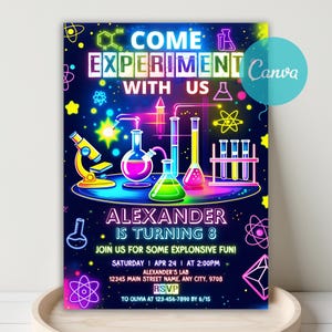 Neon Mad Science Birthday Invitation, Science Invitation, Experiment Invite, Mad Scientist Party Invite, Lab Experiment Birthday, Canva, DIY