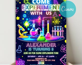 May include: A vibrant invitation with a dark blue background, featuring neon-colored laboratory equipment and the text "COME EXPERIMENT WITH US." The invitation is for Alexander's 8th birthday, with event details and RSVP information.