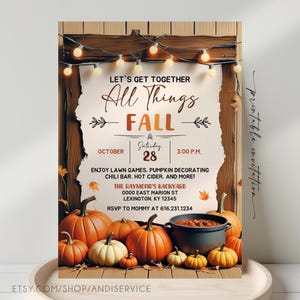 May include: A fall-themed invitation card featuring a wooden background with string lights, pumpkins, and a black pot. Text reads: Let's Get Together All Things Fall, October 28, 3:00 P.M., The Raymond's Backyard, 0000 East Marion St, Lexington, KY 12345, RSVP to Mommy at 616.231.1234.