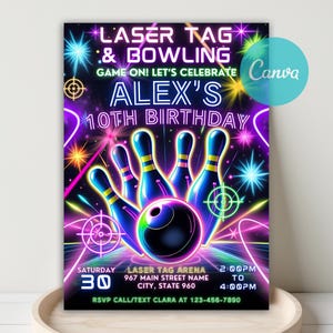 Laser Tag Bowling Birthday Invitation, Arcade Invitation, Laser Tag Invite, Bowling Invite, Neon Glow Gaming Party Invite, Canva Template