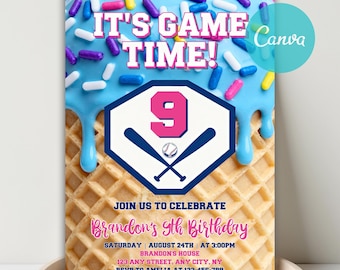 Baseball Ice Cream Drip Birthday Invitation, Baseball Drip Party Invite, Ice Cream Drip Invite, Editable Canva Template, Instant Download