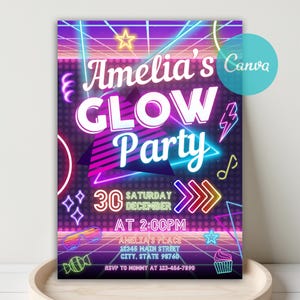 Retro Glow Party Birthday Invitation, Glow Crazy Invitation, Neon Lights Glow Birthday Invite, Girl Boy Neon Party Invite, Canva Template