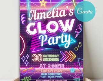 Retro Glow Party Birthday Invitation, Glow Crazy Invitation, Neon Lights Glow Birthday Invite, Girl Boy Neon Party Invite, Canva Template