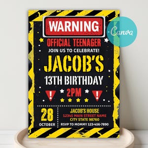 Warning Official Teenager 13th Birthday Invitation, Warning Invitation, Official Teenager Invitation 13th Birthday Invitation Canva Template