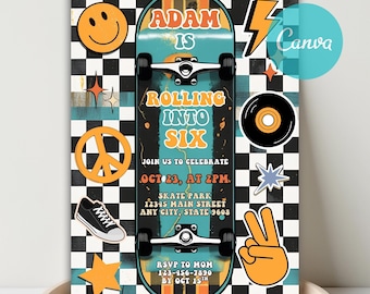 Skateboard Birthday Invitation, Retro Checker Smile Face Skateboard Invitation, Skateboard Party Invite Urban Sports Skateboard Theme Invite