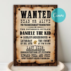 Editable Wanted Poster Invitation, Western Cowboy Birthday Party Template, Printable Rustic Wild West Wanted Poster, Canva Template, E-vite